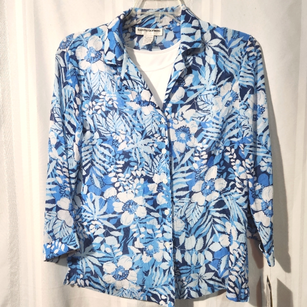 CATHY DANIELS TOP BLUE & WHITE COLLARED TWINSET WITH CAMI SIZE SMALL NWT